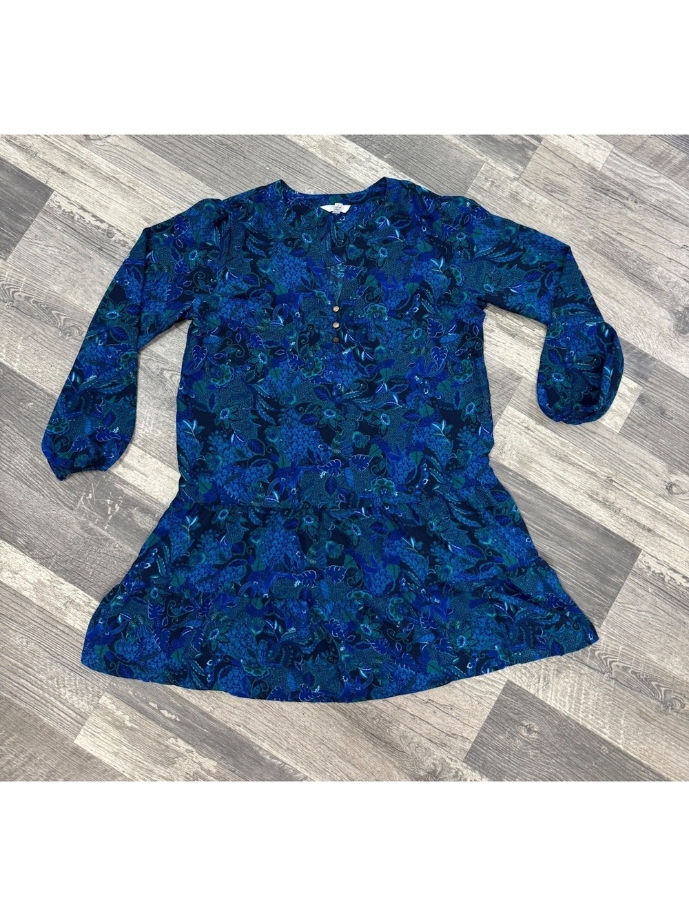Time and Tru Women's Blue Green Patterned Long Sleeve Tunic Top Large